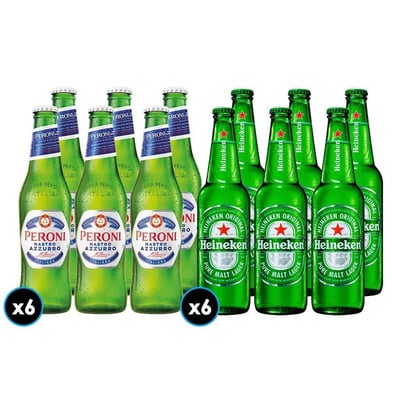 PACK PERONI - HEINEKEN: 6x Cerveza Peroni Nastro Azzurro Botella 330cc + 6x Cerveza Heineken en Botella 330cc