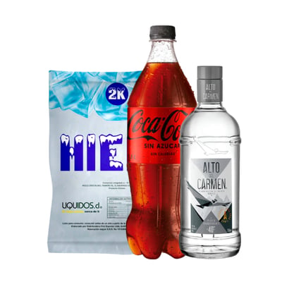Pack Pisco Alto Del Carmen Transparente 750cc + Coca Cola Zero 1.5l + Hielo 2kg