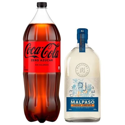 Pack:  Pisco MalPaso Pedro Jimenez 750cc 40º alc +  Bebida Coca-Cola Zero Azúcar 3 L