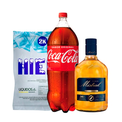Pack Pisco Mistral 35° 1lt + Coca Cola 3lt + Hielo 2kg