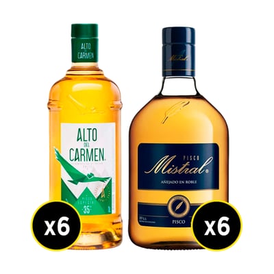 Pack Pisco Mistral 35º Botella 1lt X6 + Pisco Alto Del Carmen 35º Botella 1lt X6