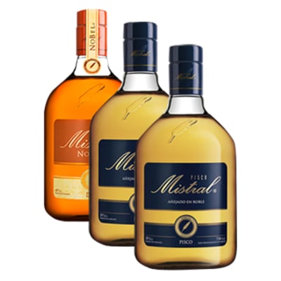 Pack Pisco Mistral Nobel 40° 750cc + 2 Piscos Mistral 35° 1lt