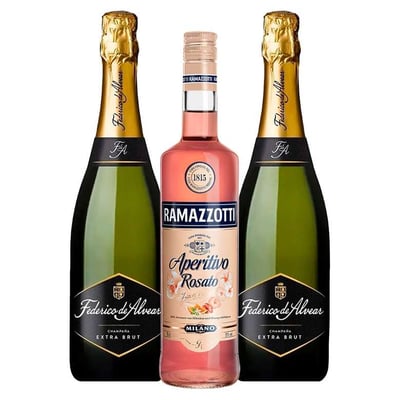 PACK RAMAZZOTTI - FEDERICO ALVEAR: 1x Licor Aperitivo Ramazzotti Rosatto 700cc + 2x Espumante Federico de Alvear Extra Brut 750cc