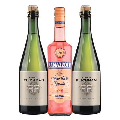 PACK RAMAZZOTTI - FINCA FLICHMAN: 1x Licor Aperitivo Ramazzotti Rosatto 700cc + 2x Espumante Finca Flichman Extra Brut 750cc