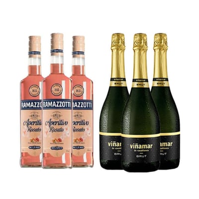 PACK RAMAZZOTTI VIÑAMAR: 3x Licor Aperitivo Ramazzotti Rosatto 700cc + 3x Espumante Viñamar Charmat Brut 750cc