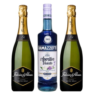 PACK RAMAZZOTTI VIOLETTO - FEDERICO ALVEAR: 1x Licor Aperitivo Ramazzotti Violetto 700cc + 2x Espumante Federico de Alvear Extra Brut 750cc