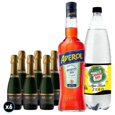 Pack Spritz Aperol - Viñamar: 6x Viñamar Charmat Brut Botella 375cc + Agua Tónica Canada Dry Zero 1,5lt + Licor Aperitivo Aperol 750cc
