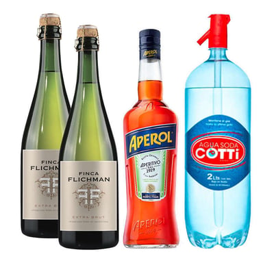 PACK SPRITZ PERFECTO (APEROL - FINCA FLICHMAN): 1x Licor Aperitivo Aperol 750cc + 2x Espumante Finca Flichman Extra Brut 750cc + 1x Agua Soda Cotti 2 Litros