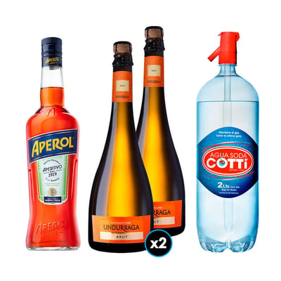PACK SPRITZ PERFECTO (APEROL - UNDURRAGA): 1x Licor Aperitivo Aperol 750cc + 2x Espumante Undurraga Brut 750cc + 1x Agua Soda Cotti 2 Litros