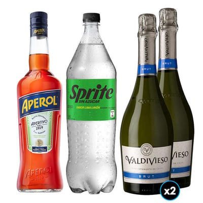 PACK SPRITZ PERFECTO N°2: 1x Licor Aperitivo Aperol 750cc + 1x Bebida Sprite Sin Azúcar 1.5 Litros+ 2x Espumantes Valdivieso Brut 750cc