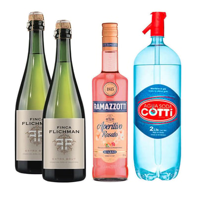 PACK SPRITZ PERFECTO (RAMAZZOTTI - FINCA FLICHMAN): 1x Licor Aperitivo Ramazzotti Rosatto 700cc + 2x Espumante Finca Flichman Extra Brut 750cc + 1x Agua Soda Cotti 2 Litros
