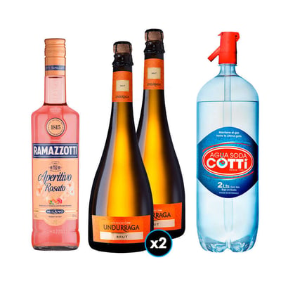 PACK SPRITZ PERFECTO (RAMAZZOTTI - UNDURRAGA): 1x Licor Aperitivo Ramazzotti Rosatto 700cc + 2x Espumante Undurraga Brut 750cc + 1x Agua Soda Cotti 2 Litros