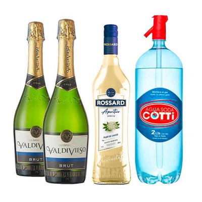 PACK SPRITZ PERFECTO (ROSSARD FLOR DE SAUCO - VALDIVIESO): 1x Licor Aperitivo Rossard Flor de Sauco Spritz 1 Litro 11° alc. + 2x Espumante Valdivieso Brut 750cc + 1x Agua Soda Cotti 2 Litros
