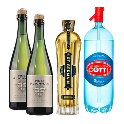 PACK SPRITZ PERFECTO (SAINT GERMAIN - FINCA FLICHMAN): 1x Saint Germain Licor de Flores de Sauco 750cc + 2x Espumante Finca Flichman Extra Brut 750cc + 1x Agua Soda Cotti 2 Litros