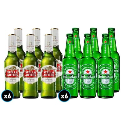 PACK STELLA - HEINEKEN: 6x Cerveza Stella Artois en Botella 330cc + 6x Cerveza Heineken en Botella 330cc