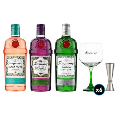 PACK TANQUERAY: 1x Gin Tanqueray 700cc 43.1ºalc+ 1x Gin Tanqueray Bossa Nova 700cc +1x Gin Tanqueray Royale 700cc +6x Copón Vidrio Tanqueray +1x Jigger JW