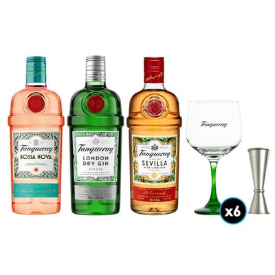 PACK TANQUERAY: 1x Gin Tanqueray 700cc 43.1ºalc +1x Gin Tanqueray Bossa Nova 700cc +1x Gin Tanqueray Sevilla 700cc +6x Copón Vidrio Tanqueray +1x Jigger JW