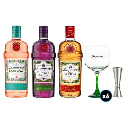 PACK TANQUERAY: 1x Gin Tanqueray Bossa Nova 700cc +1x Gin Tanqueray Royale 700cc +1x Gin Tanqueray Sevilla 700cc +6x Copón Vidrio Tanqueray +1x Jigger JW