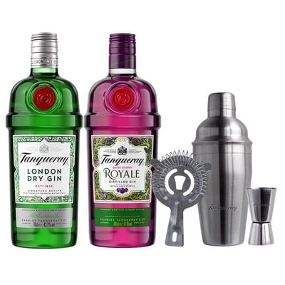 PACK TANQUERAY: 1X Gin Tanqueray Royale 700cc + 1x Gin Tanqueray 700cc 43.1ºalc. + 1X Coctelera Tanqueray
