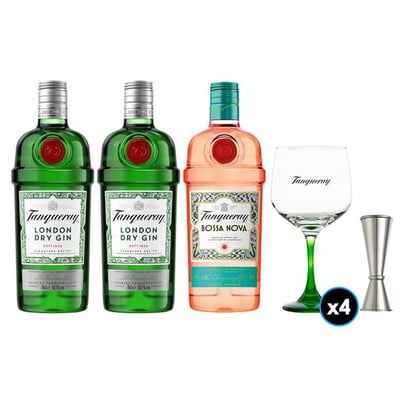 PACK TANQUERAY: 2x Gin Tanqueray 700cc 43.1ºalc +1x Gin Tanqueray Bossa Nova 700cc +4x Copas de vidrio tanqueray + 1x Jigger JW