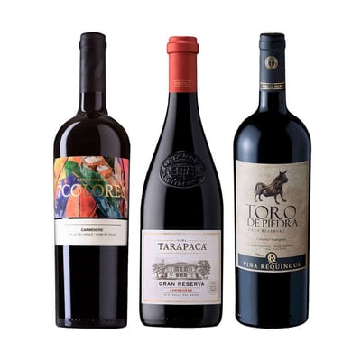 PACK TINTOS TRIO ATÓMICO: Vino Toro de Piedra Cabernet Sauvignon 750cc + Vino 7 Colores Gran Reserva Carmenere 750cc + Vino Tarapacá Gran Reserva Carmenere 750cc
