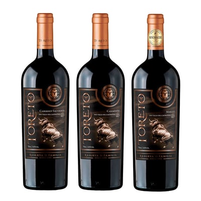 PACK TORETO FAMILIA N°1: 1x Vino Toreto Reserva de Familia Carmenere 750cc + 1x Vino Toreto Reserva de Familia Cabernet Sauvignon 750cc + 1x Vino Toreto Reserva de Familia Merlot 750cc