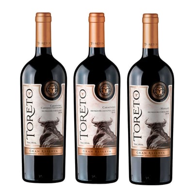 PACK TORETO GRAN N°1: 1x Vino Toreto Gran Reserva Carmenere 750cc + 1x Vino Toreto Gran Reserva Cabernet Sauvignon 750cc + 1x Vino Toreto Gran Reserva Merlot 750cc