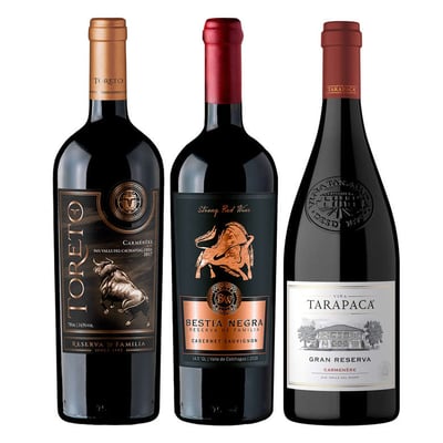 PACK TORETO RF N°3: 1x Vino Toreto Reserva de Familia Carmenere 750cc + 1x Vino Bestia Negra Carmenere 750cc + 1x Vino Tarapacá Gran Reserva Carmenere 750cc