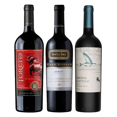 PACK TORETO RP N°5: 1x Vino Toreto Reserva Privada Merlot 750cc + 1x Vino Santa Ema Gran Reserva Merlot 750cc + 1x Vino Odfjell Gran Reserva Capítulo Flying Fish (CA/CS/MA/SY) 750cc