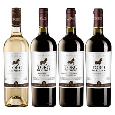 PACK TORO DE PIEDRA RESERVA: 1X Vino Toro de Piedra Reserva Sauvignon Blanc 750cc + 1X Vino Toro de Piedra Reserva Red Blend 750cc + 1X Vino Toro de Piedra Reserva Cabernet Sauvignon 750cc + 1X Vino Toro de Piedra Reserva Carmenere 750cc