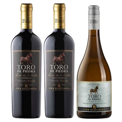 PACK TORO DE PIEDRA RINCIÓN DE LOS VIENTOS: 1X Vino Toro de Piedra Rincón de los Vientos Carmenere 750cc + 1X Vino Toro de Piedra Rincón de los Vientos Cabernet Sauvignon 750cc + 1X Vino Toro de Piedra Edición Costera Sauvignon Blanc 750cc