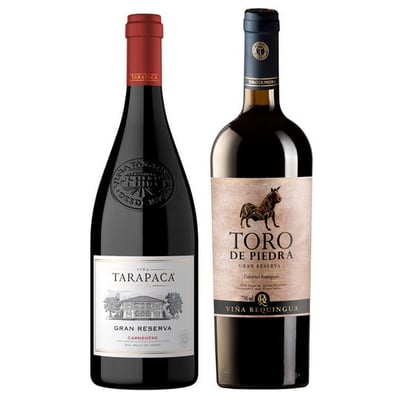 Pack Toro de Piedra + Tarapacá: 1x Vino Toro de Piedra Gran Reserva Cabernet Sauvignon 750cc + 1x Vino Tarapacá Gran Reserva Carmenere 750cc