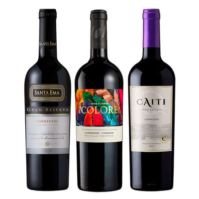 PACK TRIO CARMENERE GR: Vino 7 Colores GR Carmenere + Vino Caiti GR Carmenere + Vino Santa Ema GR Carmenere