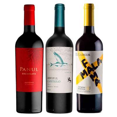 PACK TRIO ENSAMBLAJE: Vino Panul Escarlata Blend 750cc + Vino Odfjell Gran Reserva Capítulo Flying Fish 750cc + Vino PS García Mala Fama Ensamblaje 750cc
