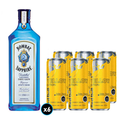 PACK TROPICAL GIN N°3: Bebida Energética Red Bull Yellow Edition en Lata 250cc + Gin Bombay Sapphire 750cc 47º