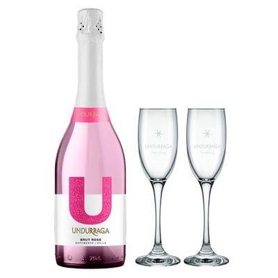 PACK UNDURRAGA U BRUT ROSE + COPAS: 1x Espumante Undurraga U Brut Rose 750cc 12°alc. + 2x Copas Undurraga 