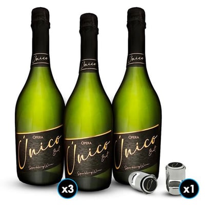 PACK ÚNICO: 3X Espumante Opera Único Brut 750cc + 1X Tapones Opera Único