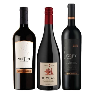 PACK VERTICE GREY RITUAL: Vino Ventisquero Vertice 750cc + Vino Ritual Pinot Noir Orgánico 750cc + Vino Ventisquero Grey Cabernet Sauvignon 750cc