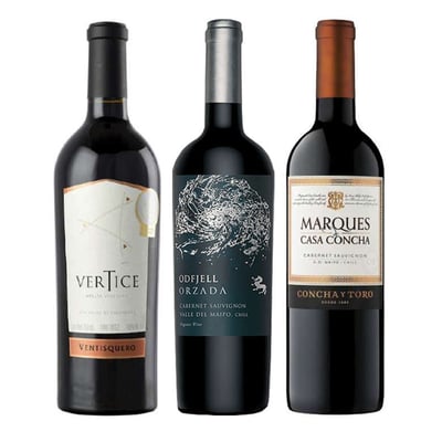 PACK VERTICE - ORZADA - MARQUES: Vino Ventisquero Vértice 750cc + Vino Odfjell Orzada Cabernet Sauvignon 750cc + Vino Marques de Casa Concha Cabernet Sauvignon 750cc
