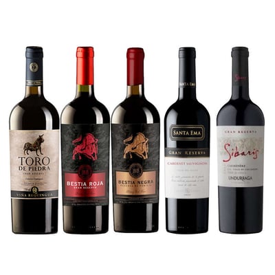 PACK VINOS GRAN RESERVA Nº4: Toro de Piedra Cabernet Sauvignon 750cc + Bestia Roja Cabernet Sauvignon 750cc + Bestia Negra Carmenere 750cc + Santa Ema Gran Reserva Cabernet Sauvignon 750cc + Undurraga Sibaris Carmenere 750cc