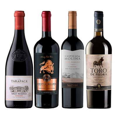 PACK VINOS GRAN RESERVA Nº5: Tarapacá Gran Reserva Carmenere 750cc + Castillo de Molina Carmenere 750cc + Toro de Piedra Cabernet Sauvignon 750cc + Bestia Negra Cabernet Sauvignon 750cc