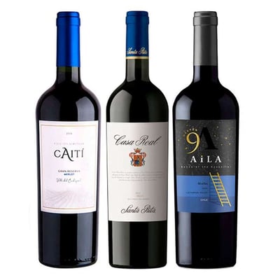PACK VINOS MERLOT: 1x Vino Caiti Gran Reserva Merlot 750cc + 1x Vino Casa Real Merlot 750cc + 1x Vino Aila Heaven Gran Reserva Merlot 750cc