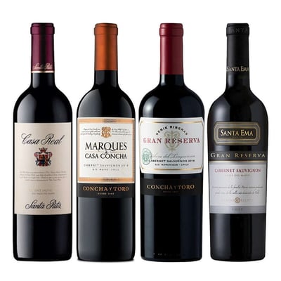 PACK VINOS SPRING (Cabernet): Vino Casa Real Cabernet 750cc + Vino Marques de Casa Concha Cabernet 750cc + Vino Serie Riberas Gran Reserva Cabernet 750cc + Vino Santa Ema Gran Reserva Cabernet Sauvignon 750cc
