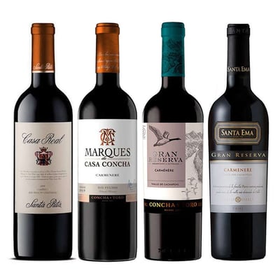 PACK VINOS SPRING (Carmenere): Vino Casa Real Carmenere 750cc + Vino Marques de Casa Concha Carmenere 750cc + Vino Serie Riberas Gran Reserva Carmenere 750cc + Vino Santa Ema Gran Reserva Carmenere 750cc