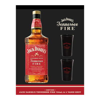 Pack Whiskey Jack Daniel´s Fire 750cc + 2 Vasos Shots Negros