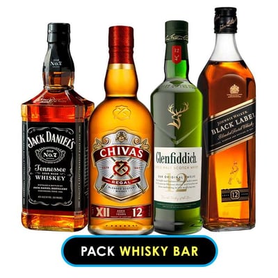 Pack Whisky Bar : Jack Daniels n˚7 - Glenfiddich 12 Años - Chivas 12 Años - Johnnie Walker Black Label - 750cc