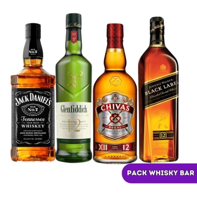 Pack Whisky Bar : Jack Daniels n°7 - Glenfiddich 12 Años - Chivas 12 Años - Johnnie Walker Black Label - 750ml