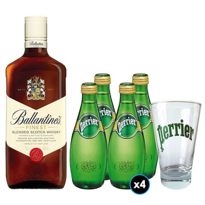 PACK WHISKY-PERRIER N°2: 1x Whisky Ballantines Finest 750cc 40° alc. + 4x Agua Perrier Con Gas en Botella 330cc + 1 Vaso Perrier