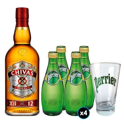 PACK WHISKY-PERRIER N°3: 1x Whisky Chivas Regal 12 Años 750cc 40° alc. + 4x Agua Perrier Con Gas en Botella 330cc + 1 Vaso Perrier