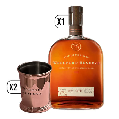 Pack Whisky Woodford Reserve 750cc + 2 Vasos Cobre